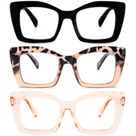 REAVEE 3 Pack Oversized Square Reading Glasses Oprah Style for Women, Blue Light Blocking Large Frame Computer Designer Fashion Readers with Spring Hinge (Black/Tortoise Tea/Tea,1.5)