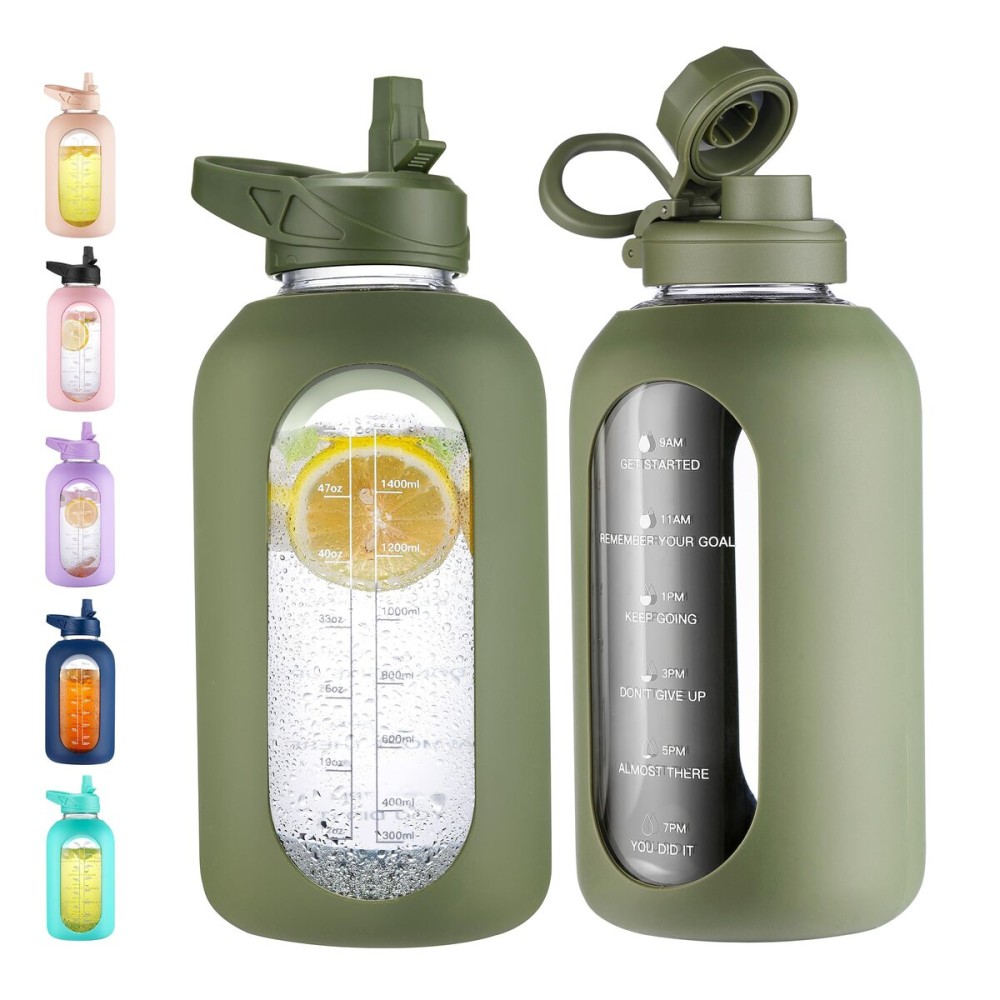 CIVAGO 64 oz Glass Water Bottle Jug with Straw and Handle, Half Gallon Sports Motivational Bottle with Time Marker, Large Flask Canteen with Silicone Sleeve for Gym, Army Green