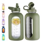 CIVAGO 64 oz Glass Water Bottle Jug with Straw and Handle, Half Gallon Sports Motivational Bottle with Time Marker, Large Flask Canteen with Silicone Sleeve for Gym, Army Green