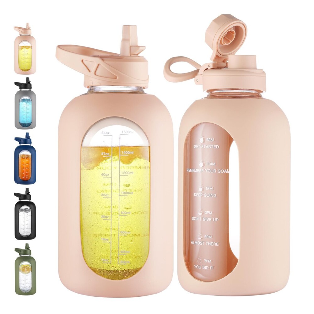 CIVAGO 64 oz Glass Water Bottle Jug with Straw and Handle, Half Gallon Sports Motivational Bottle with Time Marker and 2 Lids, Large Flask Canteen with Silicone Sleeve for Gym, Beige