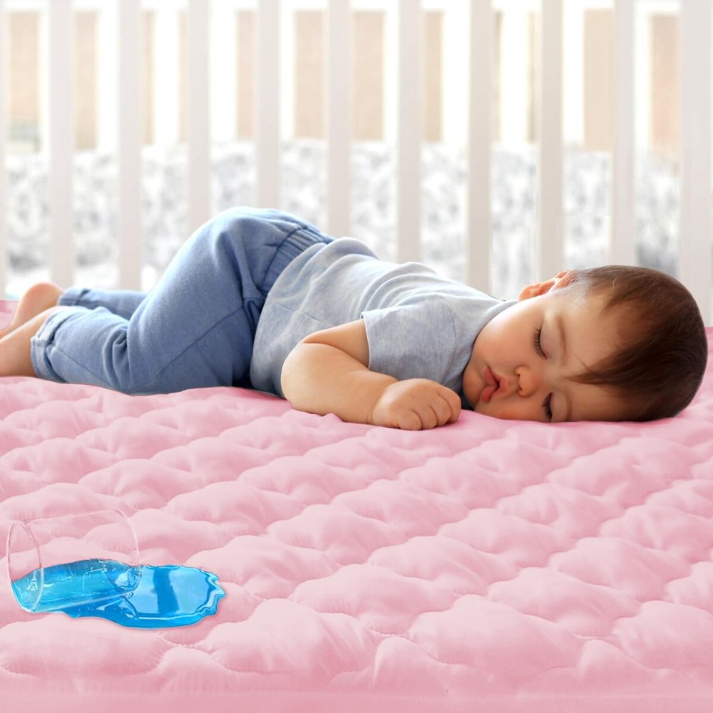 Mini Crib Mattress Protector Sheets Fitted Waterproof Mini Crib Mattress Pad Cover, Noiseless & Machine Wash 100% Absorbent Mini Crib Mattress Protector Sheet Quilted, Pink, 38 x 24