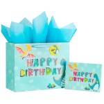 Loveinside Dinosaur Gift Bag for Boys, Medium Size Bag with Tissue Paper, Tag, Greeting Card, Blue Glitering Dinosaur and Happy Birthday for Kids\' Birthday and Theme Party, 13 x 5 x 10, 1 Pcs