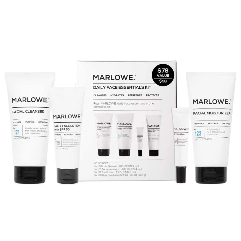 MARLOWE. Mens Skin Care Set, No. 204 Daily Essential Face Kit, No. 121 Facial Cleanser, No. 123 Facial Moisturizer, No. 127 Eye Cream, No. 128 Daily Face Lotion with SPF 50, Great Gift for Men