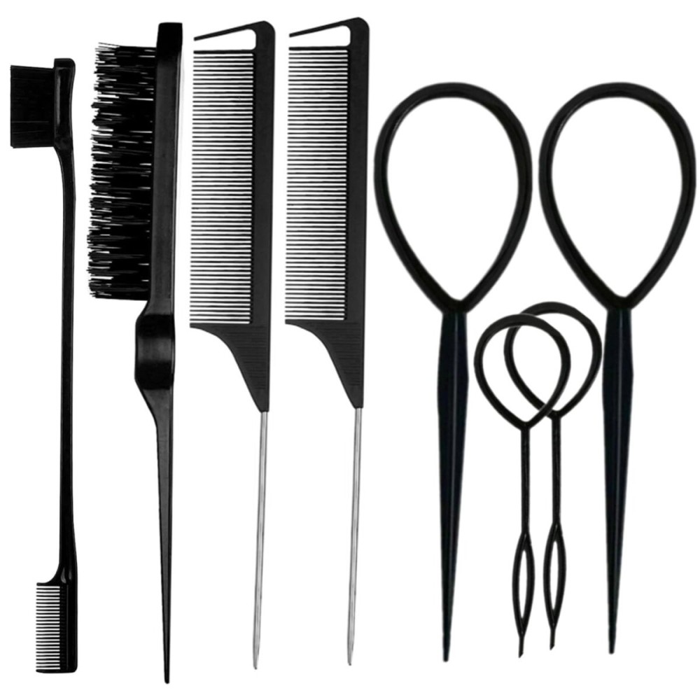 ZVOREI 8Pcs Black Hair Brushes Set with 4Pcs Topsy Tail Tools, Teasing Bristle Brush, Edge Control Brush, and 2Pcs Metal Pin Rat Tail Combs for Women\'s Hair Styling and Brushing