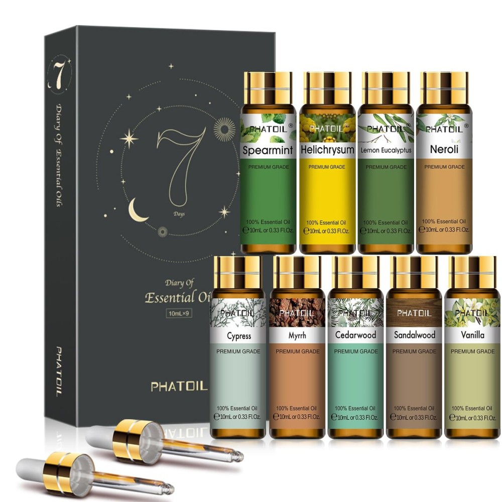 PHATOIL Premium Essential Oil Set - 9x10ML Pure Essential Oils for Massage, Aromatherapy, Diffusers, DIY - 0.33FL.OZ/Bottle