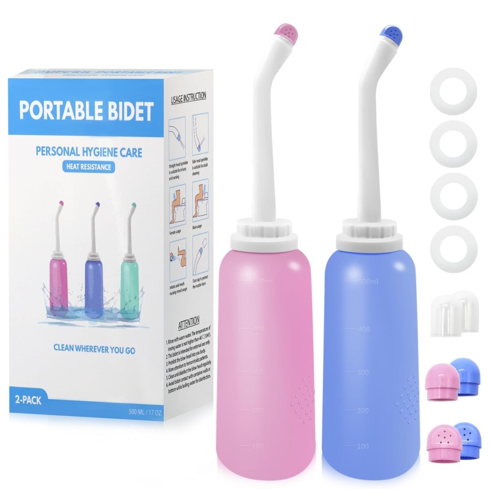 RUFCRIL Peri Bottle, 2-Pack Portable Travel Bidet with Bag, TPE Material Can Be Boiled, 17oz/500ml with 2 Sealing Rings,Essentials for Postpartum Perineal Care,Hemorrhoid Treatment,and Baby(Pink/Blue)