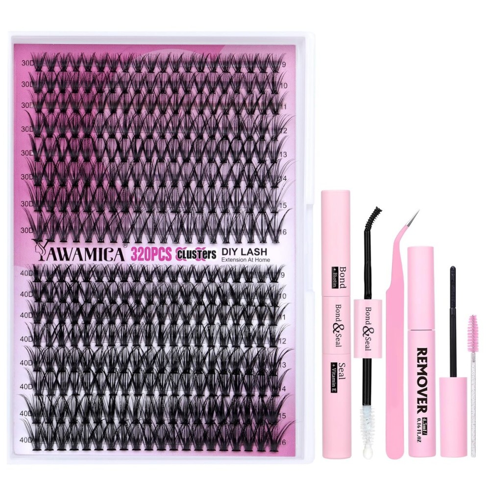 Yawamica DIY Eyelash Extension Kit 320pcs Individual Lashes Cluster, 9-16mm Mix 30D 40D Eyelash Clusters Wispy Lash Clusters Kit with Lash Bond and Seal and Remover Lash Applicator for Beginners