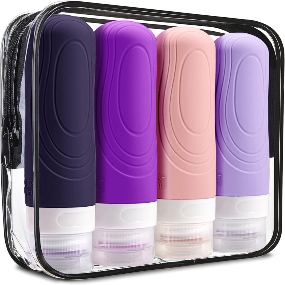GLAMFIELDS Travel Bottles for Toiletries TSA Approved, 3oz Size Leak Proof Silicone Travel Containers for Shampoo, Lotion,Easy to Squeeze Portable, Essentials for Traveling (4 Pack) Purple