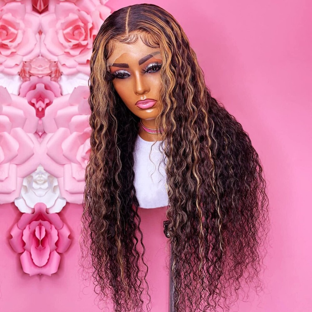 GIANNAY Highlight Wigs,Brown Lace Front Wig for Black Women, Curly Wigs, Brown and Black Strunk Streak Glueless Lace Front Wigs for Women 24-26 Inches