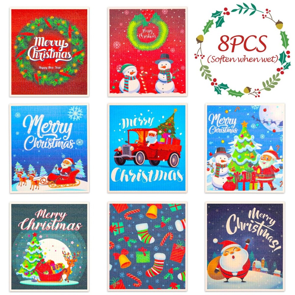 Lucomb 8 Pack Christmas Swedish Dishcloths Reusable, Kitchen Sponges Soft Absorbent Swedish Towels Dish Cloths Washable Decorative for Kitchen Washing Dishes Bathroom Office Hand Towel Cleaning