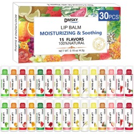 Dmsky DMSKY 30 Pack Lip Balm, Natural Lip Balm Bulk with Vitamin E and Coconut Oil 15 Flavors, Lip Care Product, Moisturizing Soothing Chapped Lips