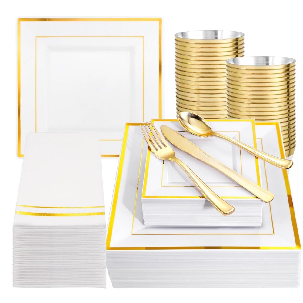 Festiva 350Pcs Gold Plastic Plates - Disposable Square Gold Plates Dinnerware set include 9.5/6 Plates,Cups,Plastic Cutlery,Hand Napkins Perfect for 50 guests Party&Wedding&Thanksgiving&Christmas