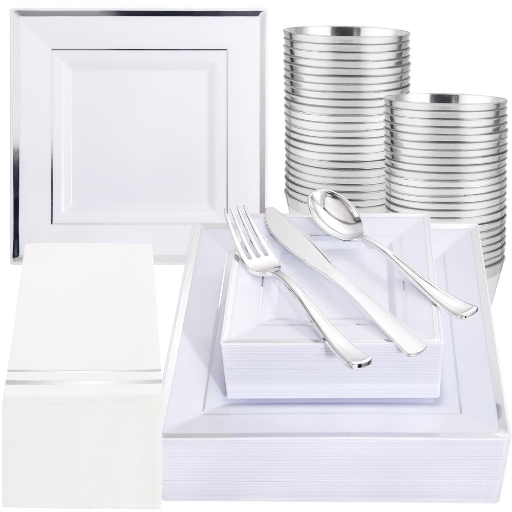 Festiva 350Pcs Silver Plates - Silver Square Plastic Plates 9 .5 and 6 - serve for 50 guests include 50 Cups 50Plastic Cutlery 50Hand Napkins Perfect for Party&Wedding&Birthday&Christmas