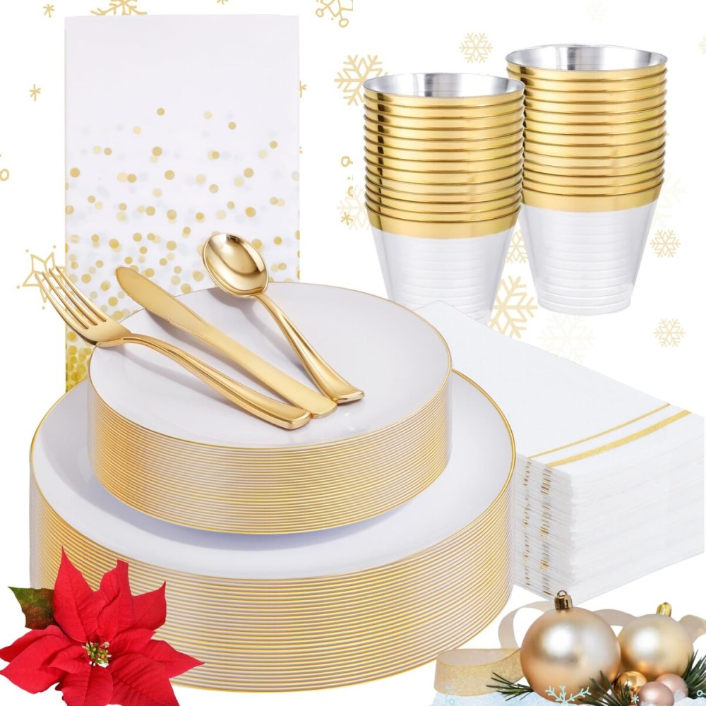 Festiva 176Pcs White and Gold Plastic Plates - White with Gold Rim Fall Dinnerware Set - 25Guest include Plates Cups Cutlery Napkins for Fall Party&Wedding& New Year&Thanksgiving