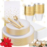 Festiva 176Pcs White and Gold Plastic Plates - White with Gold Rim Fall Dinnerware Set - 25Guest include Plates Cups Cutlery Napkins for Fall Party&Wedding& New Year&Thanksgiving