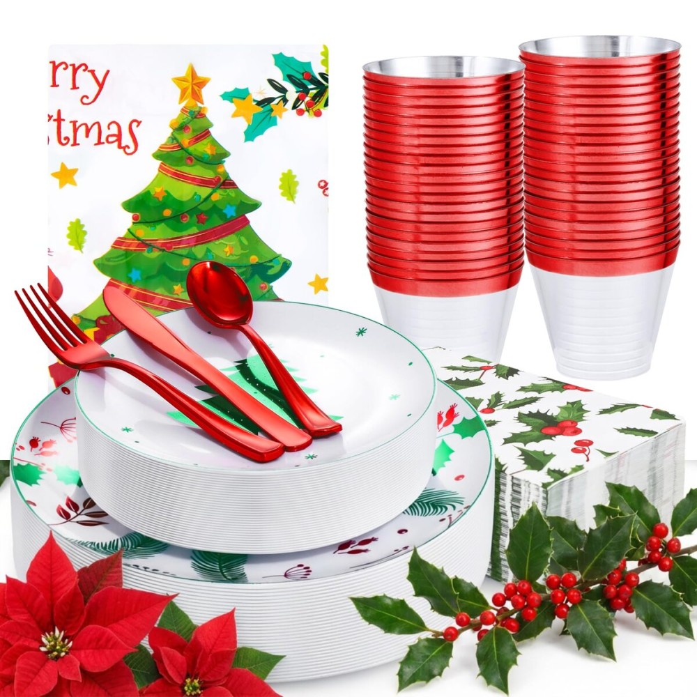 Festiva 176Pcs Christmas Plastic Plates Heavy Duty- Christmas disposable Dinnerware Set-include 50Plates 25Plastic Silverware 25Cups 25Holly Berry Napkins