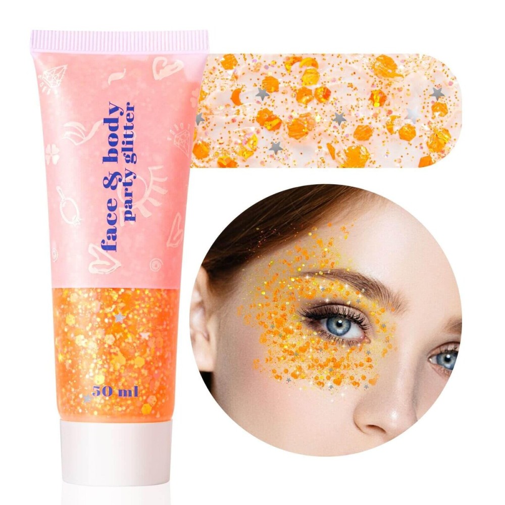 MEICOLY Orange Face Body Glitter,Sparkling Hair Face Glitter Gel,Mermaid Sequins Face Paint Glitter Autumn Makeup,Halloween Festival Rave Accessories Makeup,Party Body Glitter Gel for Women Kids,50ml
