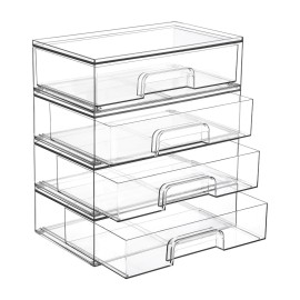 Vtopmart 12.1\'\'W Clear Stackable Storage Drawers,4 Pack Acrylic Plastic Organizers Bins for Makeup Palettes, Cosmetics, and Beauty Supplies,Ideal for Vanity, Bathroom,Cabinet,Desk Organization