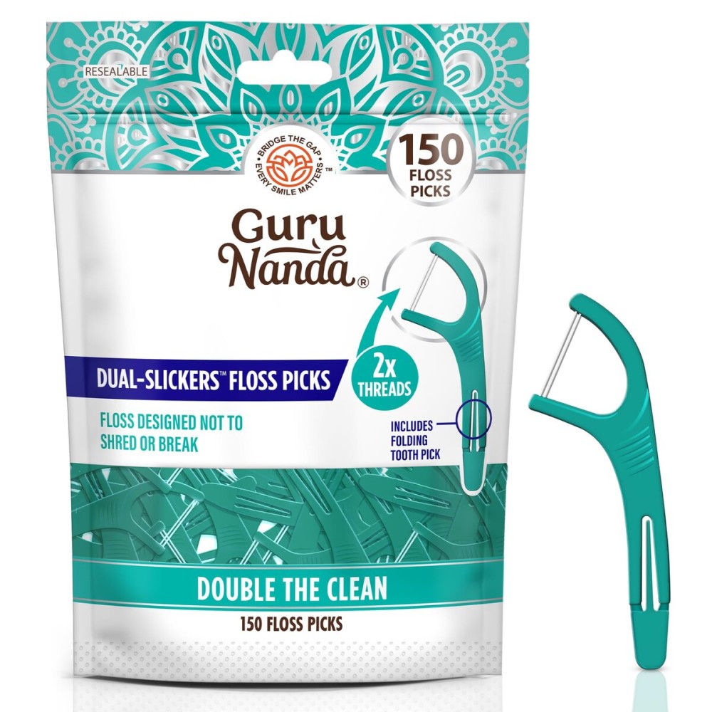 GuruNanda Dual Slickers Floss Picks - Double Threaded Dyneema Dental Floss with Foldable Toothpick for Effective Plaque Removal - Unflavored- 150 Ct