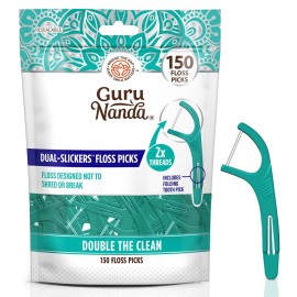 GuruNanda Dual Slickers Floss Picks - Double Threaded Dyneema Dental Floss with Foldable Toothpick for Effective Plaque Removal - Unflavored- 150 Ct