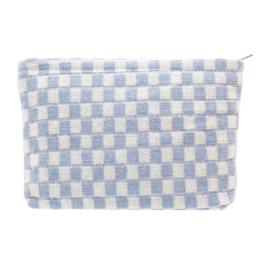 PAZIMIIK Knit Checkered Makeup Bag Large Zipper Make Up Accessory Pouch for Purse Cosmetic Brush Bag for Travel Essential,Blue