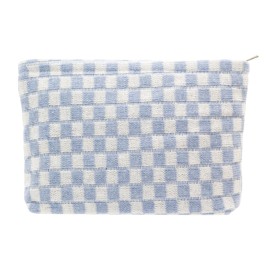 PAZIMIIK Knit Checkered Makeup Bag Large Zipper Make Up Accessory Pouch for Purse Cosmetic Brush Bag for Travel Essential,Blue