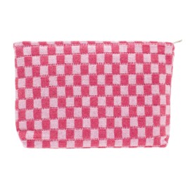 PAZIMIIK Knit Checkered Makeup Bag Large Zipper Make Up Accessory Pouch for Purse Cosmetic Brush Bag for Travel Essential,Hotpink