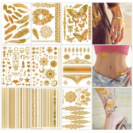 Temporary Tattoos 110 Pcs Gold Birthday Decorations, Tattoos for Kids Adult, Flash Golden Style, Cute Birthday Decorations for Girls, Waterproof Fake Tattoos, Gold Party Supplies, Gifts for Teen Girls
