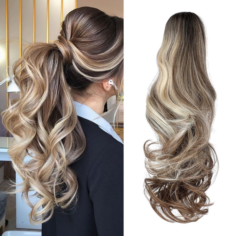 FELENDY Ponytail Extension Claw 18 20 Curly Wavy Straight Clip in Hairpiece One Piece A Jaw Long Pony Tails for Women Dark Brown Mix Ombre Blonde