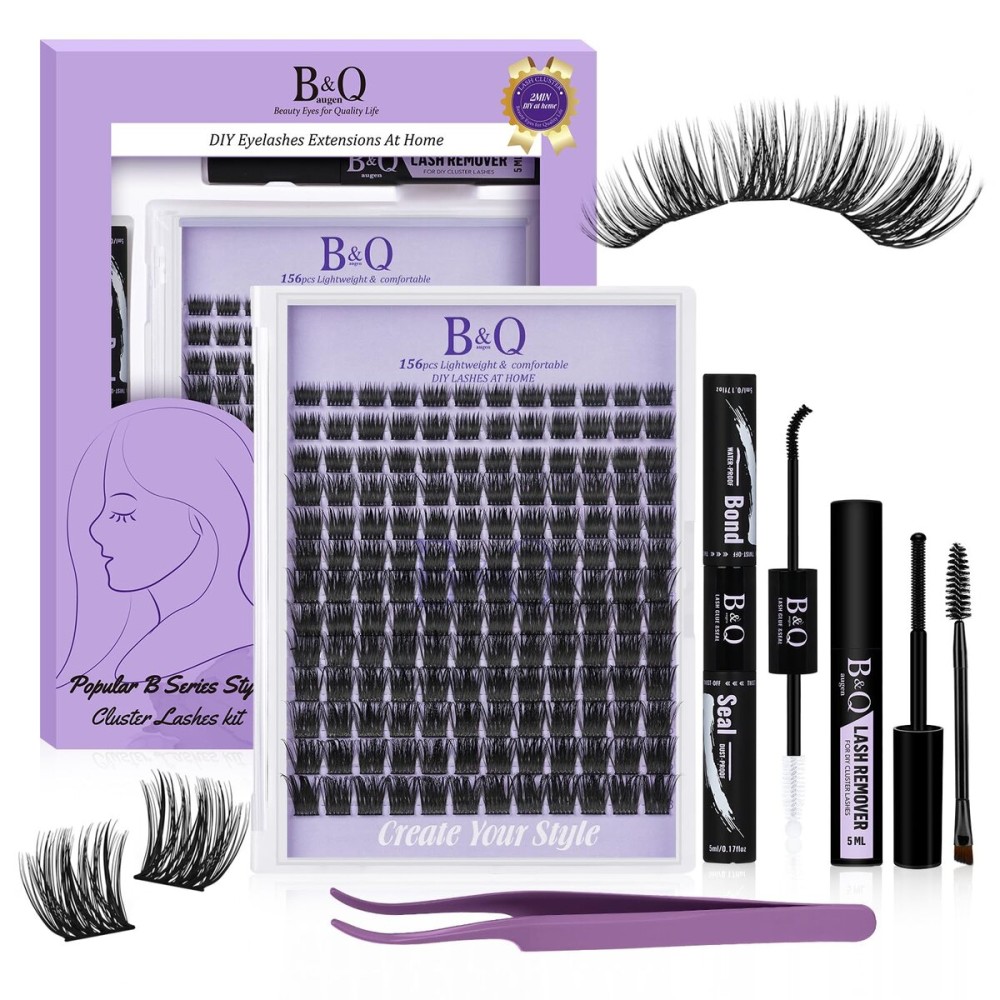 B&Q Wispy Lash Clusters Kit B42, DIY Lash Extension Kit 156PCS Eyelash Extension Kit, Soft Natural Lash Clusters 8-18MIX D Curl Lash cluster, Thin Black Band Cluster Eyelash Extensions (B42 Set)