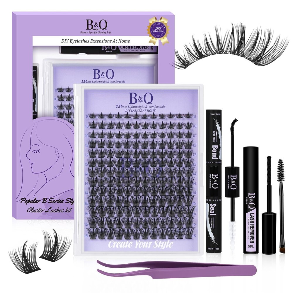 B&Q Wispy Lash Clusters Kit B31, DIY Lash Extension Kit 156PCS Eyelash Extension Kit, Soft Natural Lash Clusters 8-18MIX D Curl Lash cluster, Thin Black Band Cluster Eyelash Extensions (B31 Set)