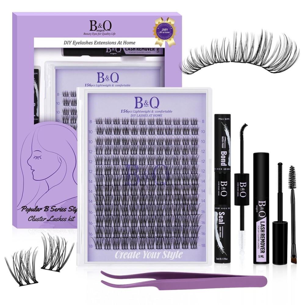 B&Q Wispy Lash Clusters Kit B49, DIY Lash Extension Kit 156PCS Eyelash Extension Kit, Soft Natural Lash Clusters 8-18MIX D Curl Lash cluster, Thin Black Band Cluster Eyelash Extensions (B49 Set)