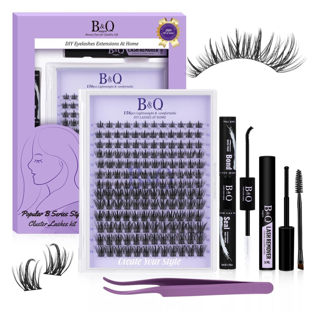 B&Q Wispy Lash Clusters Kit B28, DIY Lash Extension Kit 156PCS Eyelash Extension Kit, Soft Natural Lash Clusters 8-18MIX D Curl Lash cluster, Thin Black Band Cluster Eyelash Extensions (B28 Set)