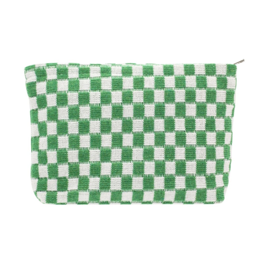 PAZIMIIK Knitted Checkered Makeup Bag Large Zipper Make Up Accessory Pouch for Purse Cosmetic Brush Bag for Travel Essential,Green