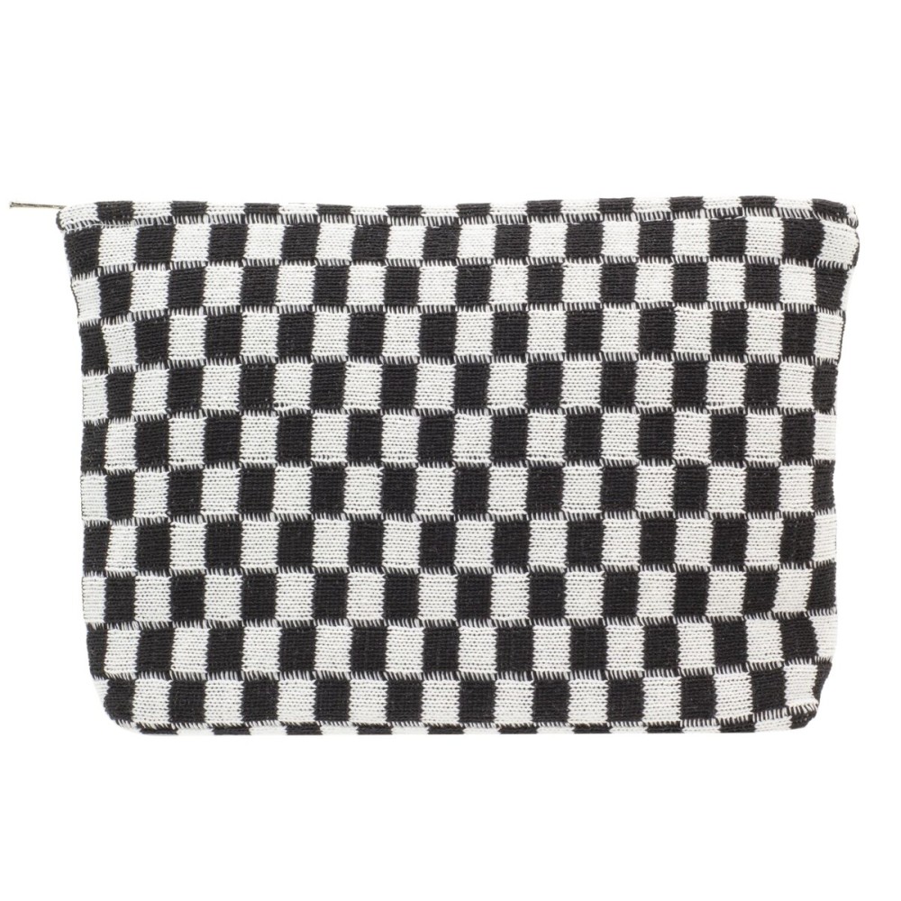 PAZIMIIK Knitted Checkered Makeup Bag Large Zipper Make Up Accessory Pouch for Purse Cosmetic Brush Bag for Travel Essential,Black