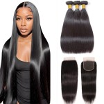 10A Straight Bundles with Closure 14 16 18 with 12 Inch 100% Unprocessed Brazilian Virgin Human Hair Weave 3 Bundles with 4x4 HD Lace Closure
