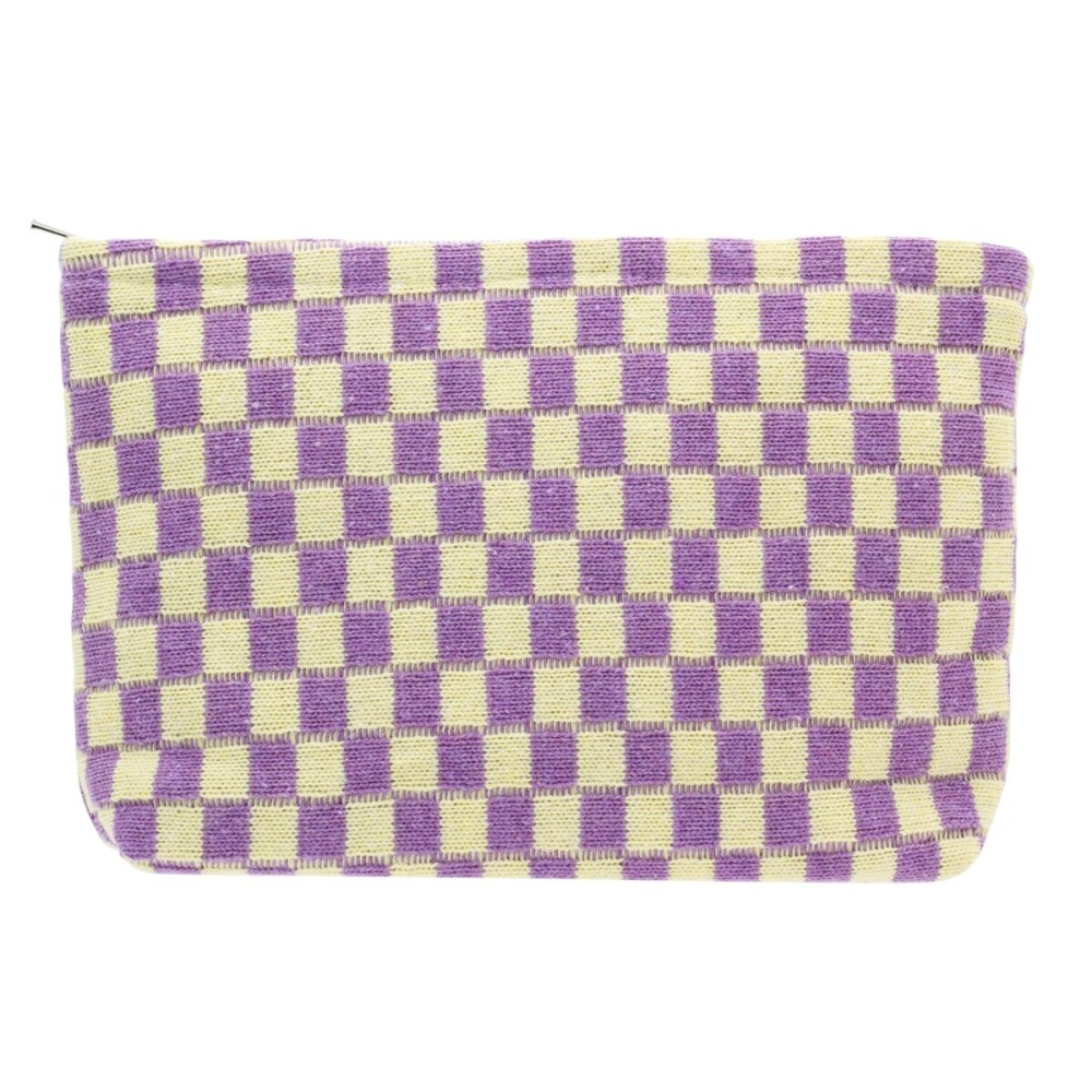 PAZIMIIK Knitted Checkered Makeup Bag Large Zipper Make Up Accessory Pouch for Purse Cosmetic Brush Bag for Travel Essential,Purple