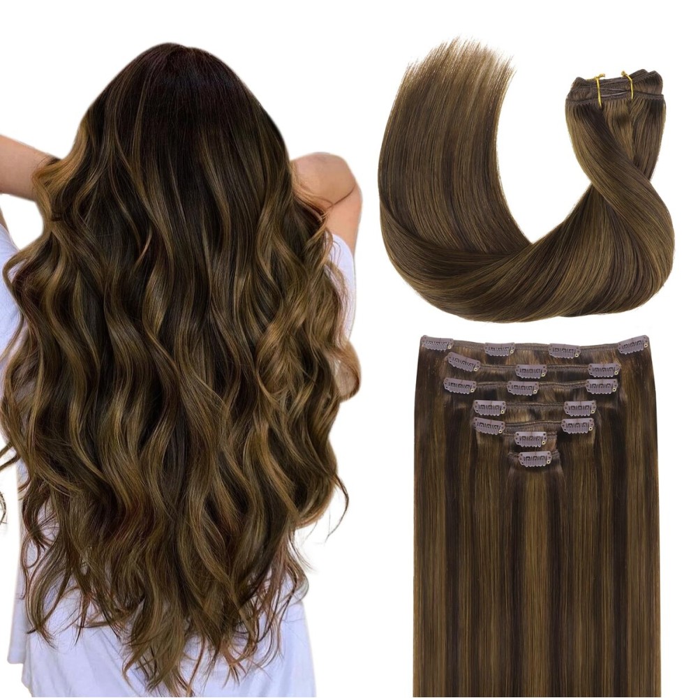 GOO GOO Clip in Hair Extensions Real Human Hair, Remy Human Hair Extensions Clip ins for Women, Natural Human Hair, 20inch 120g 7Pcs, 2C/4E/6C Brown Sugar Swirl Highlights