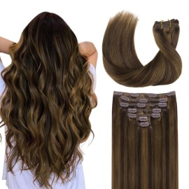 GOO GOO Clip in Hair Extensions Real Human Hair, Remy Human Hair Extensions Clip ins for Women, Natural Human Hair, 20inch 120g 7Pcs, 2C/4E/6C Brown Sugar Swirl Highlights