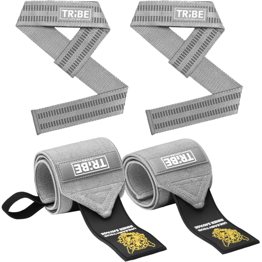 Tribe Lifting Heavy Duty Wrist Wraps & Lifting Straps for Weightlifting - Wrist Straps for Weightlifting Men with Silicone Grip & Padding - Gym Wrist Wraps and Lifting Straps