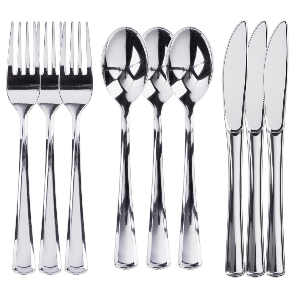 Prestee 600 Piece Plastic Silverware Set - 200 Silver Plastic Forks, Spoons and Knives - Heavy-Duty Utensils - Reusable and Disposable Cutlery Set for Weddings, Thanksgiving, and Christmas Parties