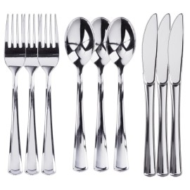 Prestee 600 Piece Plastic Silverware Set - 200 Silver Plastic Forks, Spoons and Knives - Heavy-Duty Utensils - Reusable and Disposable Cutlery Set for Weddings, Thanksgiving, and Christmas Parties