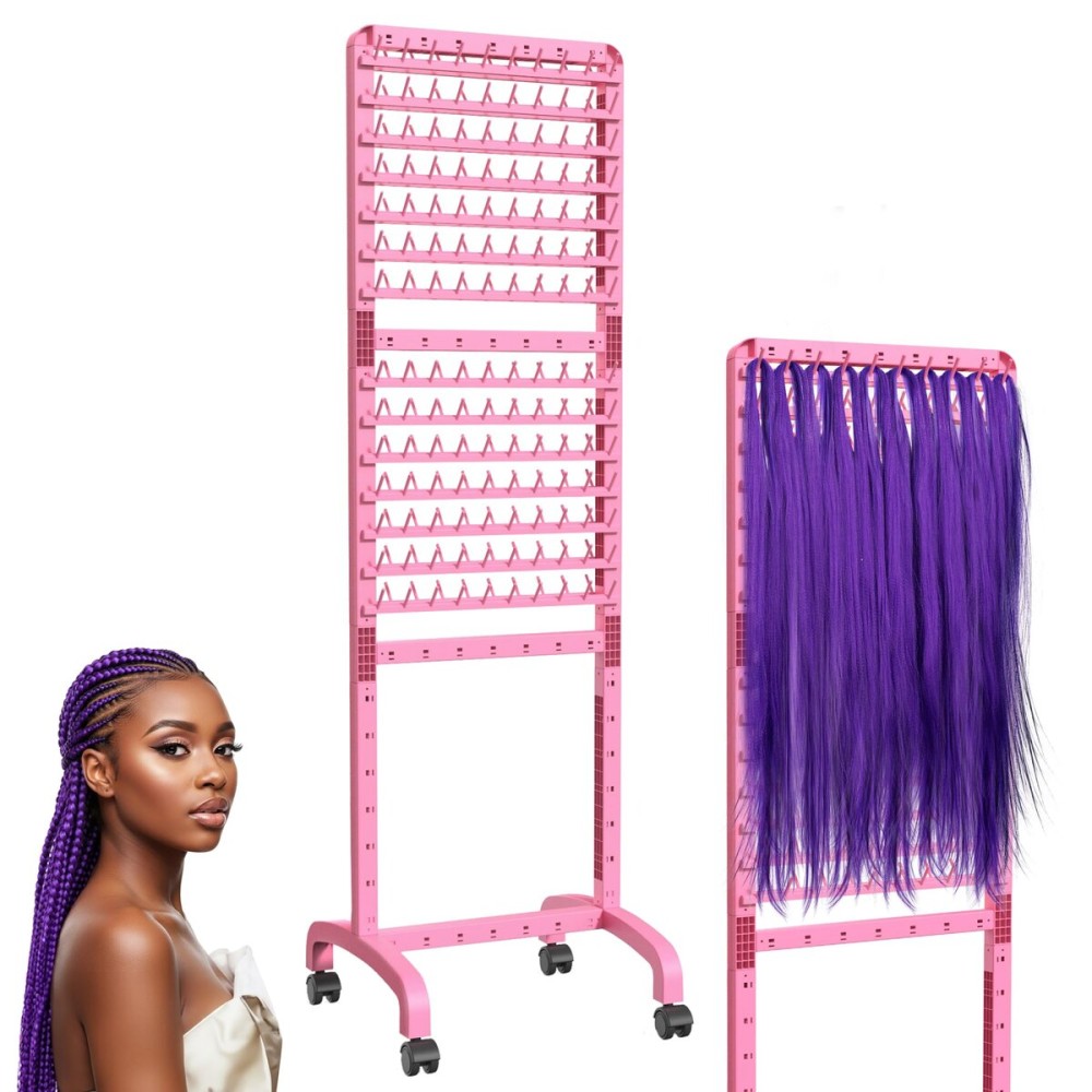 Yumkfoi Adjustable Braiding Rack 280 Pegs, 2-Sided Braiding Hair Rack for Braiders, Standing with Wheels, Pink Hair Separator for Stylists