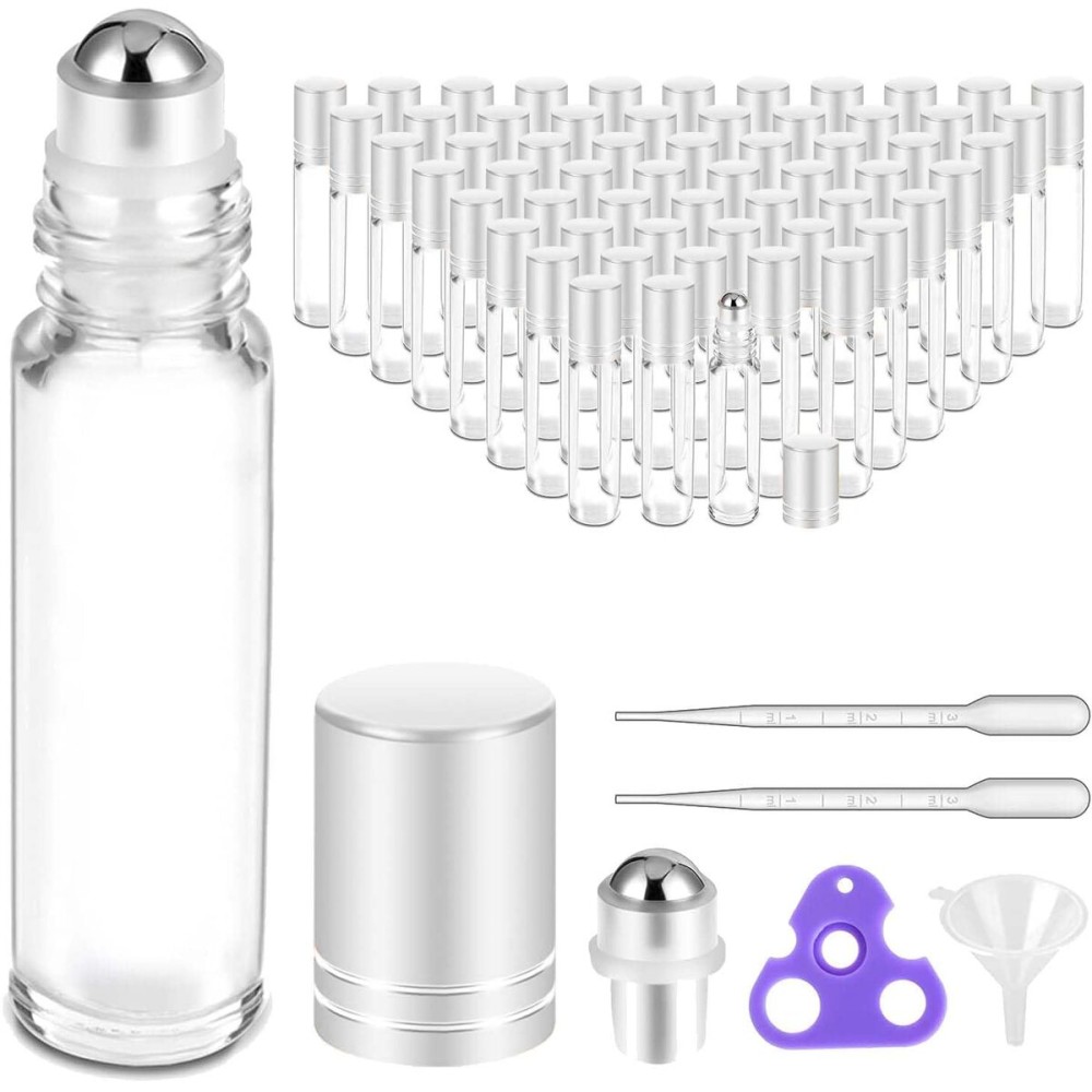 PrettyCare Set of 60, 10 ml Essential Oil Roller Bottles with Stainless Steel Roller Ball - Bulk Refillable Leak-proof Empty Clear Glass Roll on Bottles with Silver Metal Caps for Travel, Perfume