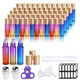 PrettyCare 60 Pack, 10 ml Essential Oil Roller Bottles with Stainless Steel Roller Ball - Bulk Refillable Leak-proof Empty Thick Rainbow Glass Roll on Bottles with Metal Caps for Travel, Perfume