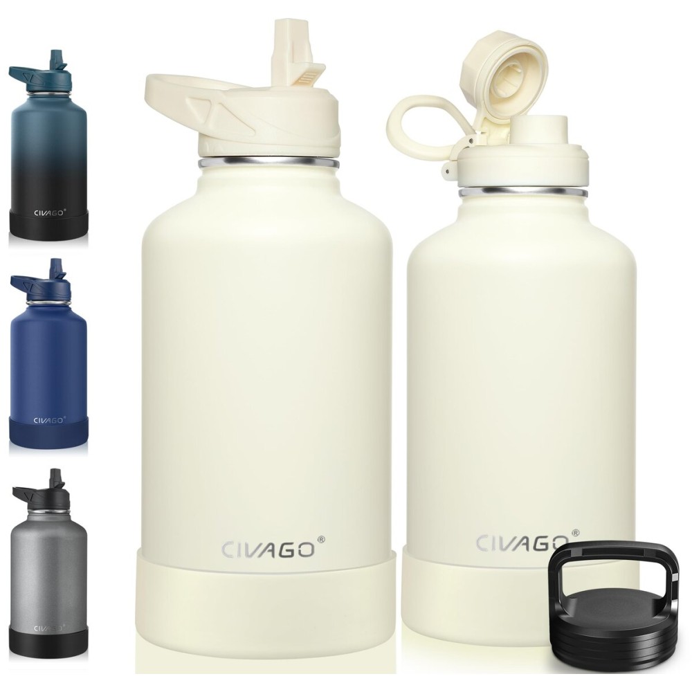 CIVAGO 64 oz Insulated Water Bottle With Straw, Half Gallon Stainless Steel Sports Water Flask Jug with 3 Lids (Straw, Spout and Handle Lid), Large Metal Thermal Cup Mug, Cream