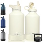 CIVAGO 64 oz Insulated Water Bottle With Straw, Half Gallon Stainless Steel Sports Water Flask Jug with 3 Lids (Straw, Spout and Handle Lid), Large Metal Thermal Cup Mug, Cream