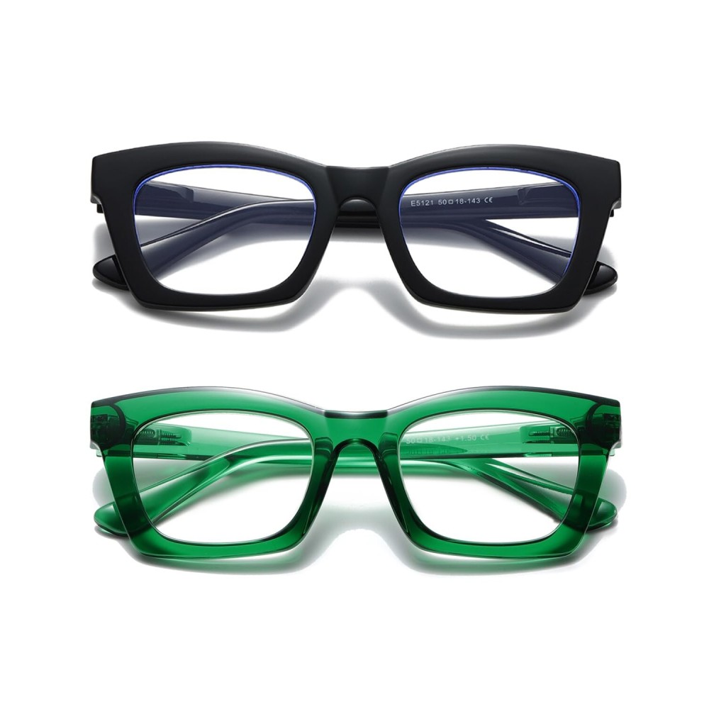 Hubeye Oprah Style Readers for Women Stylis Style Reading Glasses with Blue Light Blocking and Spring HingeBlack/Green+2.75