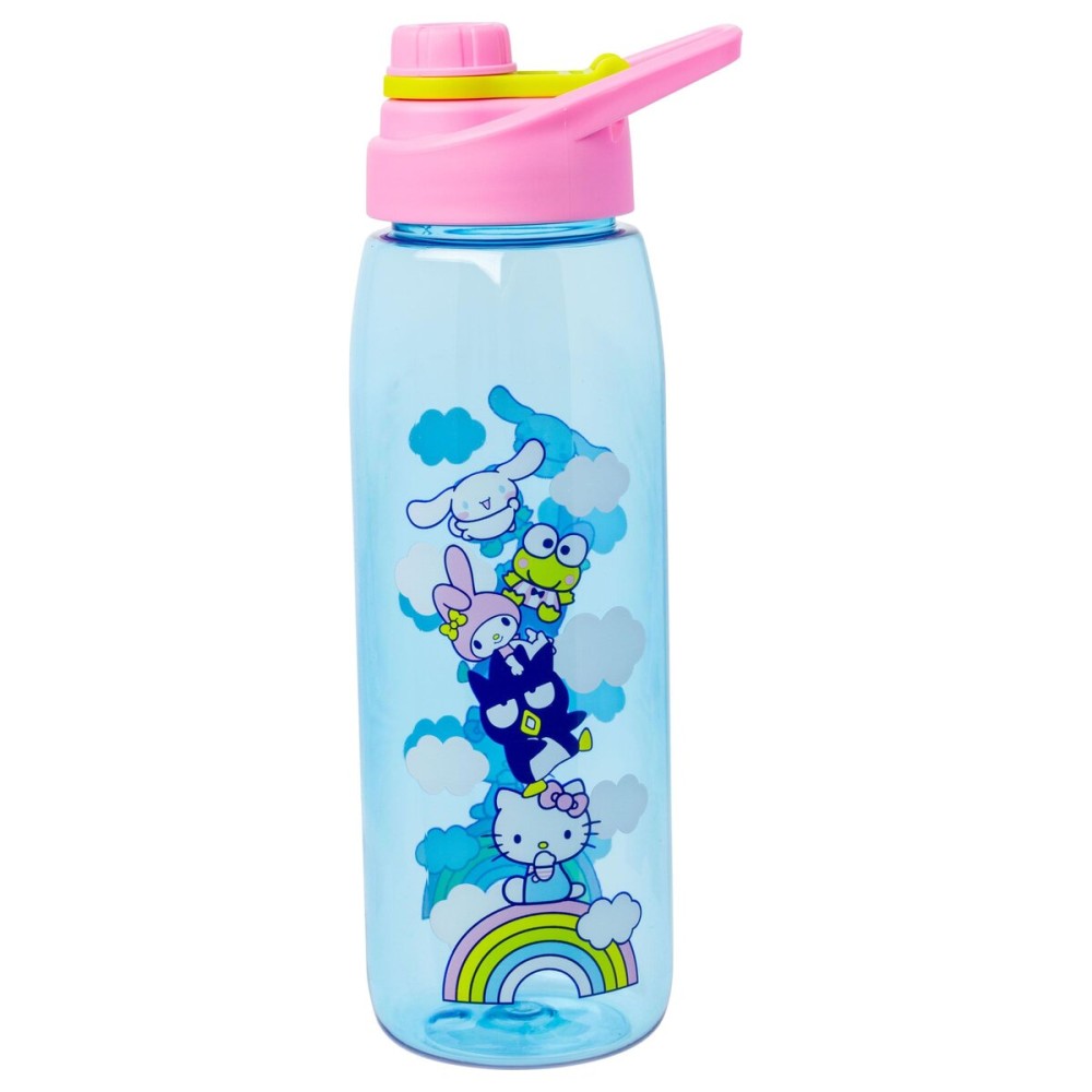Silver Buffalo Sanrio Hello Kitty and Friends on a Rainbow Featuring Badtz-Maru, My Melody, Keroppi, and Cinnamoroll Water Bottle with Screw-On Lid, 28 Ounces