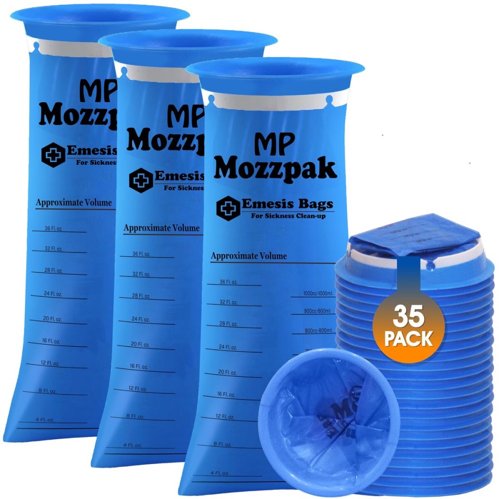 MP MOZZPAK Vomit Bags Disposable 35 Pack - 1000ml Emesis Bags, Leak-Proof Barf Bag, Travel Friendly Puke & Nausea Bag for Motion Sickness, Medical Grade Throw up Relief for Car, Airplane, & Road Trip